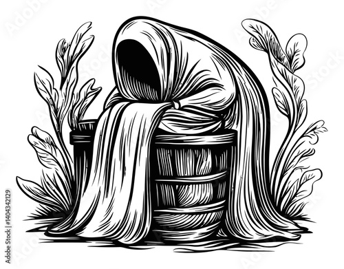 Mysterious Figure Engraving with Draped Cloth and Basket Elements