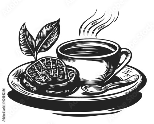 Vintage Engraving of Coffee Cup and Waffle on Plate Design