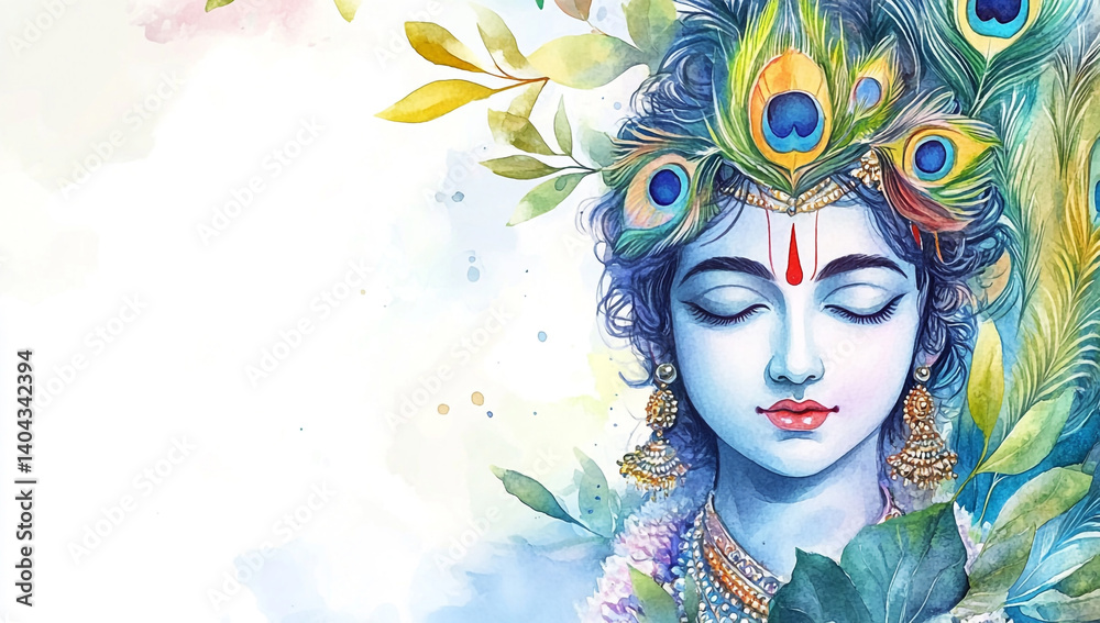 Obraz premium Serene Watercolor Painting of Krishna, Hindu God, Peacock Feathers, Floral Design