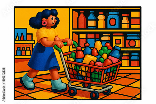 Woman Grocery Shopping with Full Cart in Colorful Supermarket Aisle – Retro Pop Art Style