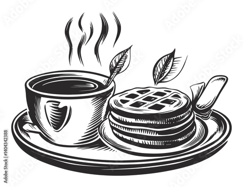 Vintage Engraving of Coffee with Waffles and Steam Rising