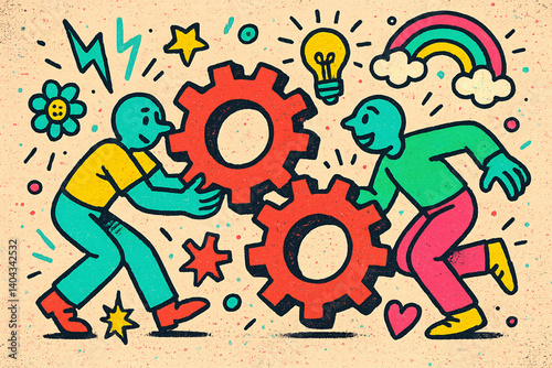 Colorful Cartoon Collaboration with Gears and Lightbulb