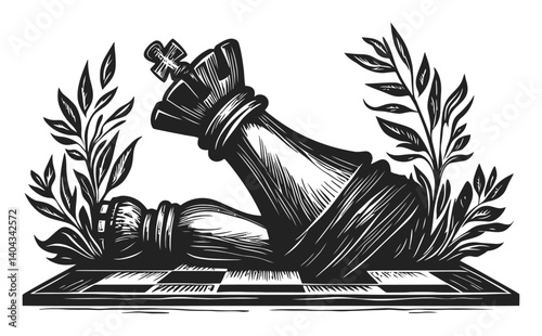 Engraved Image of Fallen King and Queen Chess Pieces in Black and White