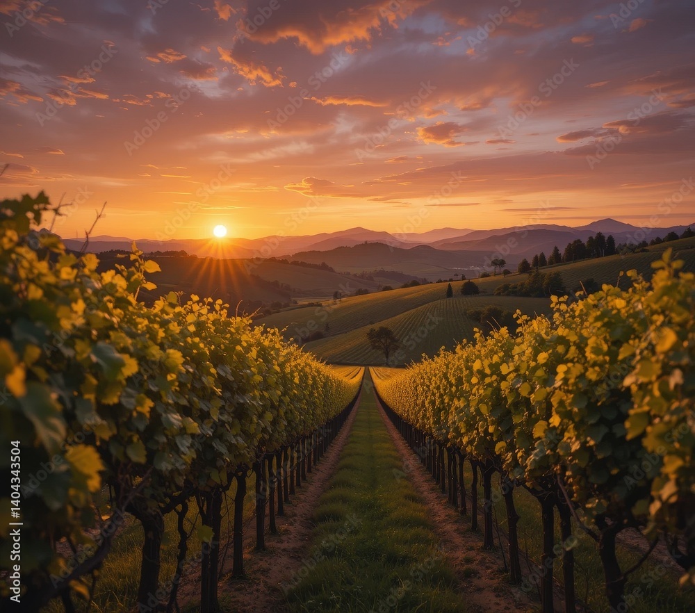 Fototapeta premium A picturesque vineyard at sunset, with rows of lush grapevines bathed in golden light. The sky is painted in hues of orange, pink, and purple, creating a serene atmosphere.