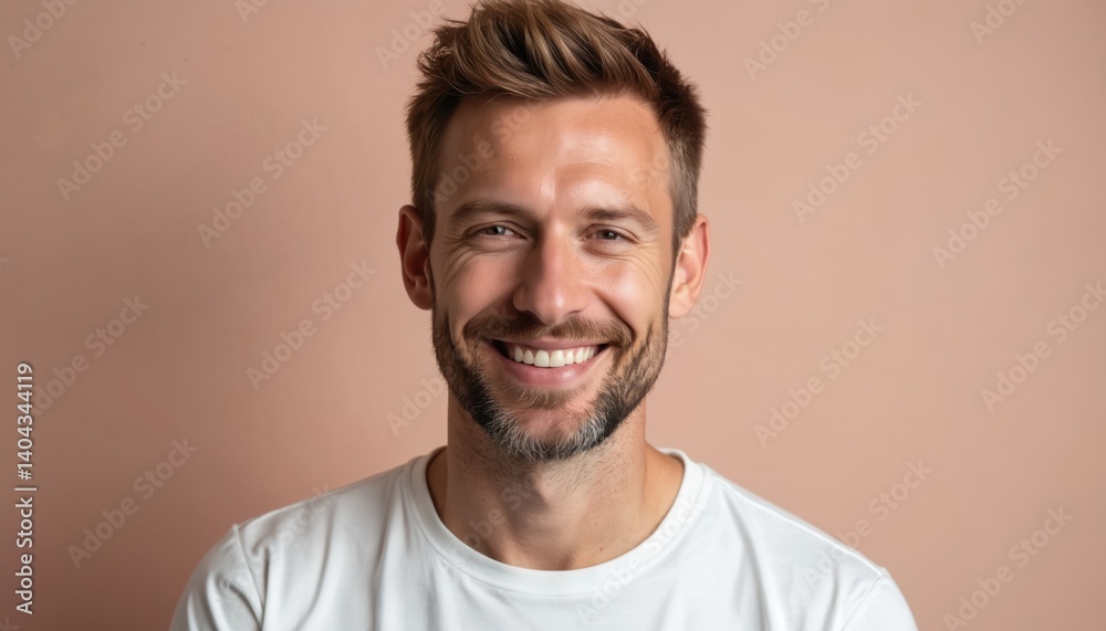 Portrait of attractive caucasian man in white t-shirt smiling. Happy male with stylish hair looking at camera on neutral beige-pink background. Forty years old. Studio shot. Copy space. Portrait of attractive caucasian man in white t-shirt smiling. Happy male with stylish hair looking at camera on neutral beige-pink background. Forty years old. Studio shot. Copy space.