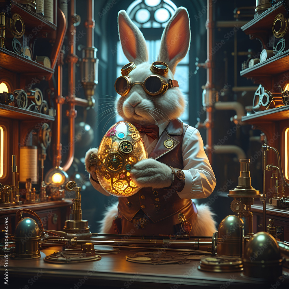Easter Bunny with Clockwork Egg in Victorian Laboratory – Fantasy Concept Art(Ai Generated) Easter Bunny with Clockwork Egg in Victorian Laboratory – Fantasy Concept Art(Ai Generated)