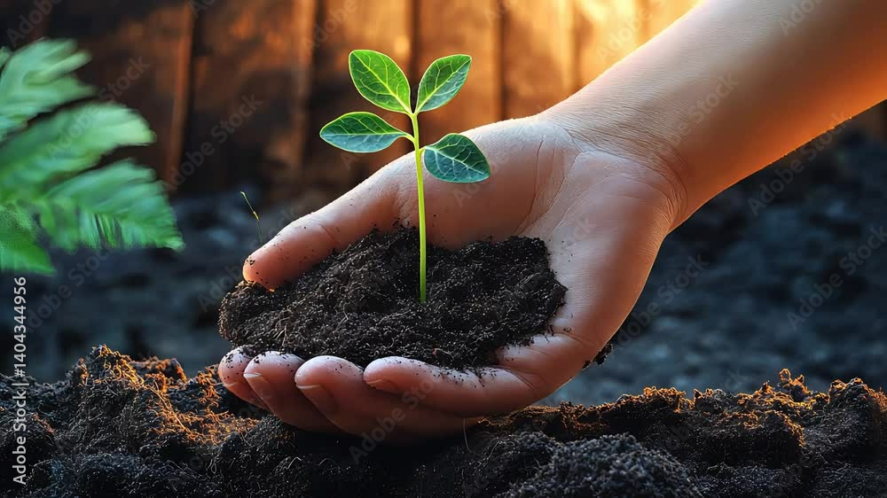 Person Planting Young Green Sprout in Soil with Hand in Garden

