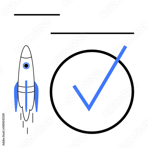 Rocket launching next to a large checkmark inside a circle, emphasizing innovation, success, startup growth, goal achievement, project completion, quality assurance, and progress flat simple metaphor