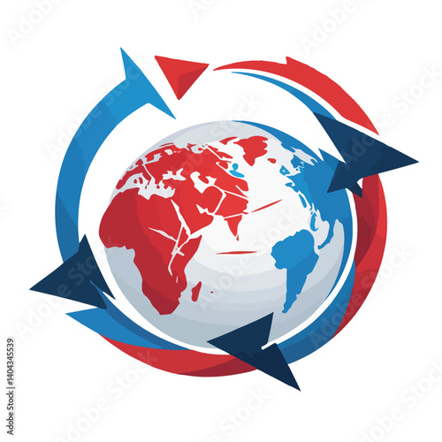  globe icon with arrows rotating in opposite directions symbolizing disrupted global trade