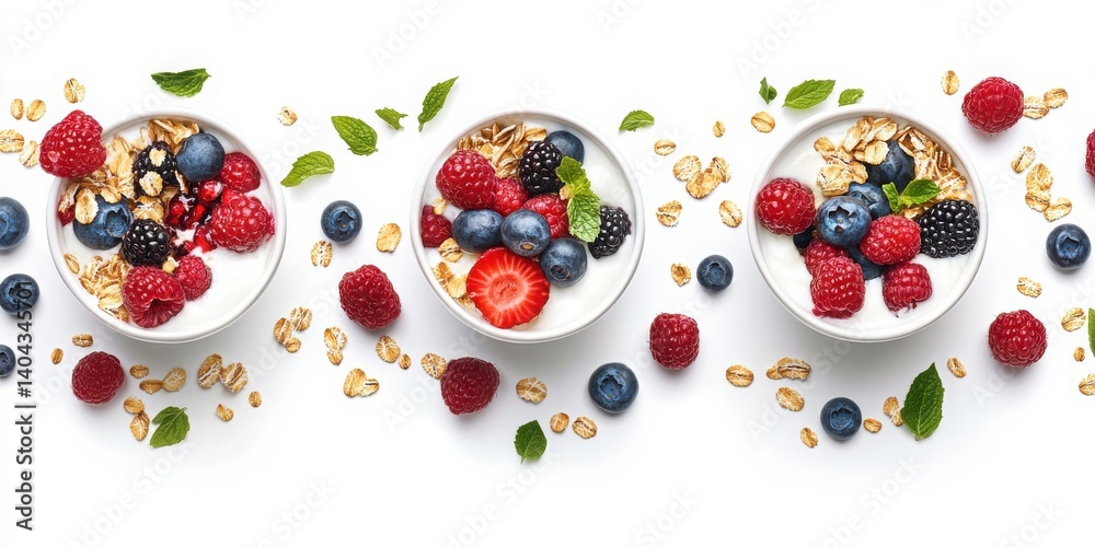 Isolated healthy Greek yogurt bowl topped with fresh berries on white. Isolated healthy Greek yogurt bowl topped with fresh berries on white.