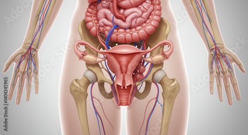 Female anatomy illustration showing digestive and reproductive systems