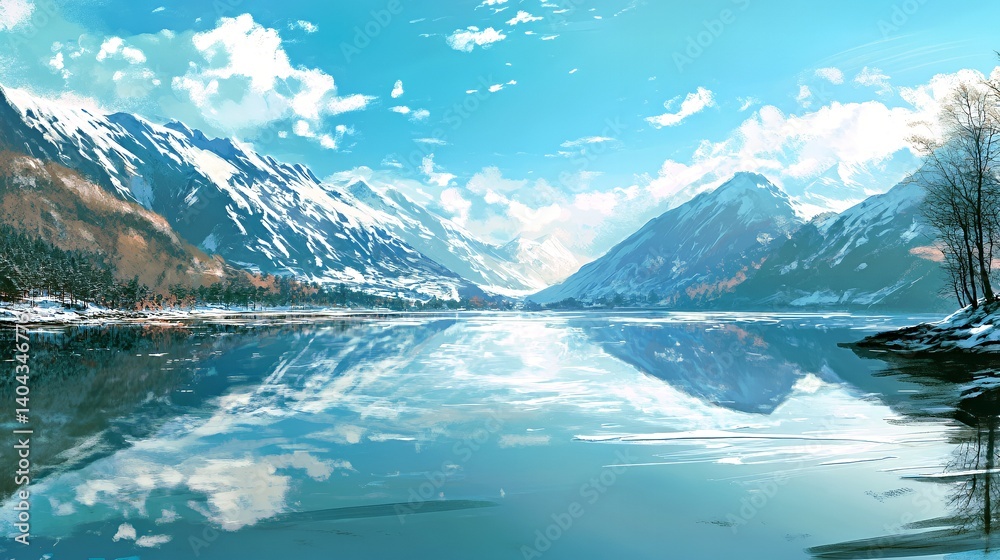 Naklejka premium Serene winter landscape with snow-capped mountains and a reflective lake under a bright sky.