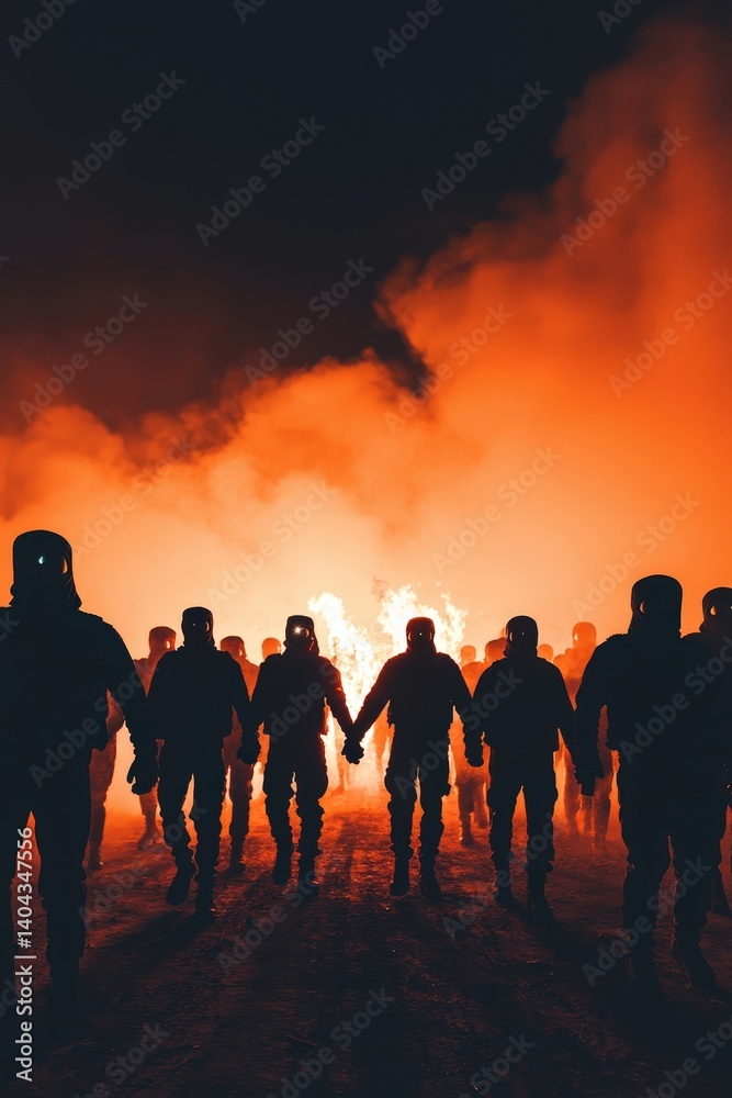 Fototapeta premium Soldiers in Gas Masks Marching Through Fire and Smoke at Night