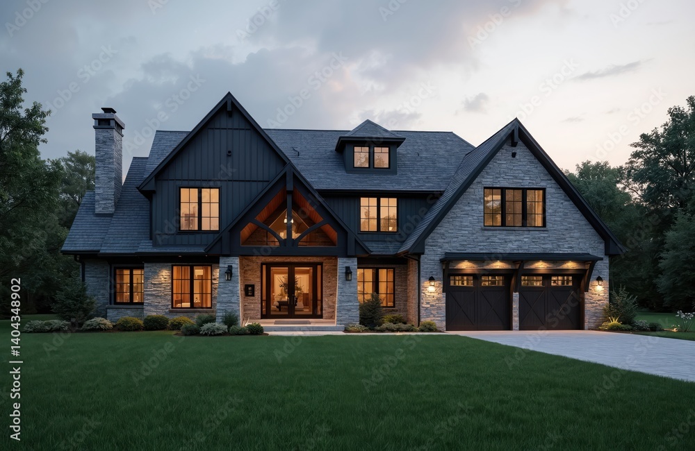 Luxury house exterior at dusk. Modern architecture building, grass, lawn. Residential estate, front facade with windows, doors. New construction property with yard. Beautiful residence, family home. Luxury house exterior at dusk. Modern architecture building, grass, lawn. Residential estate, front facade with windows, doors. New construction property with yard. Beautiful residence, family home.
