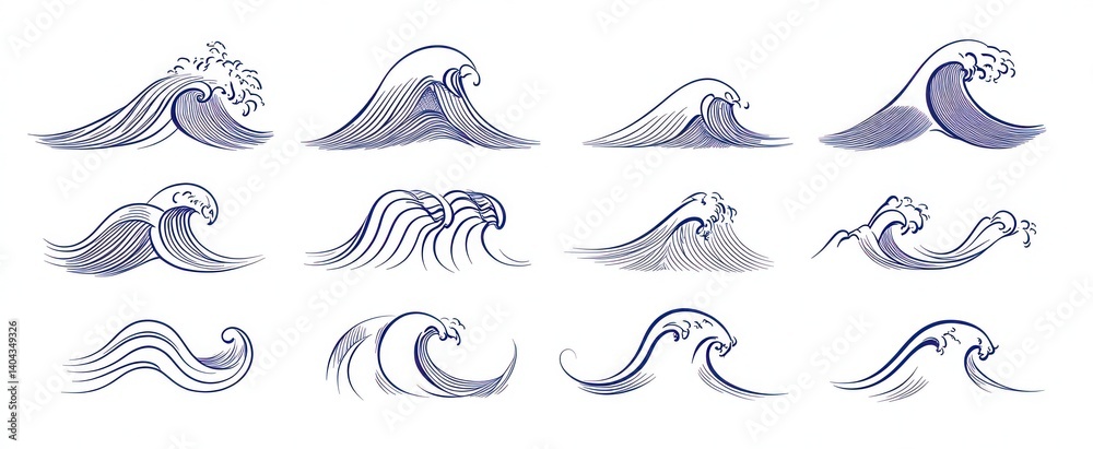 Collection of stylized ocean waves in various forms. Collection of stylized ocean waves in various forms.