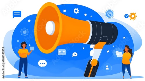 Amplified Message: A dynamic illustration of a megaphone, symbolizing communication and announcements, alongside two individuals interacting with abstract communication icons.