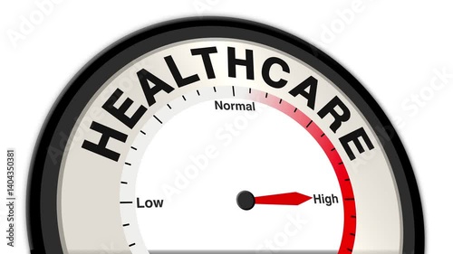 Healthcare text or word shown with a barometer or tachometer-style gauge, representing varying levels of service accessibility, quality, and outcomes