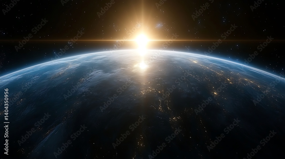 Obraz premium Sunrise over Earth: A breathtaking view of Earth from space, illuminated by the radiant sunrise. Experience the wonder of our planet.
