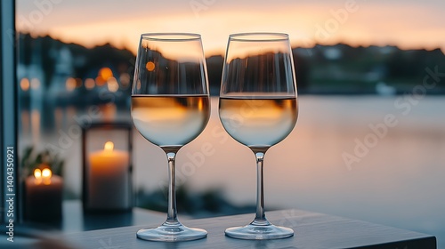 Two glasses of white wine with a scenic sunset and blurred background of water and candles