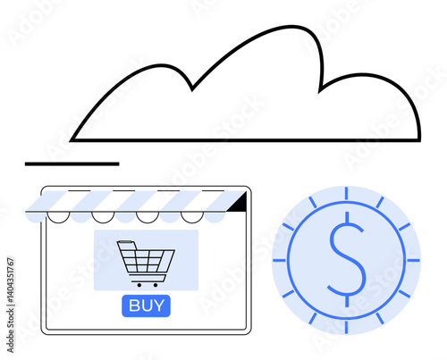Cloud above e-commerce storefront with shopping cart and buy button, next to currency coin. Ideal for e-commerce, cloud computing, online shopping, digital transactions, fintech, retail, web