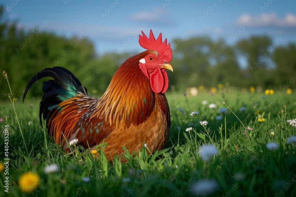 Fototapeta premium there is a rooster standing in a field of grass with flowers