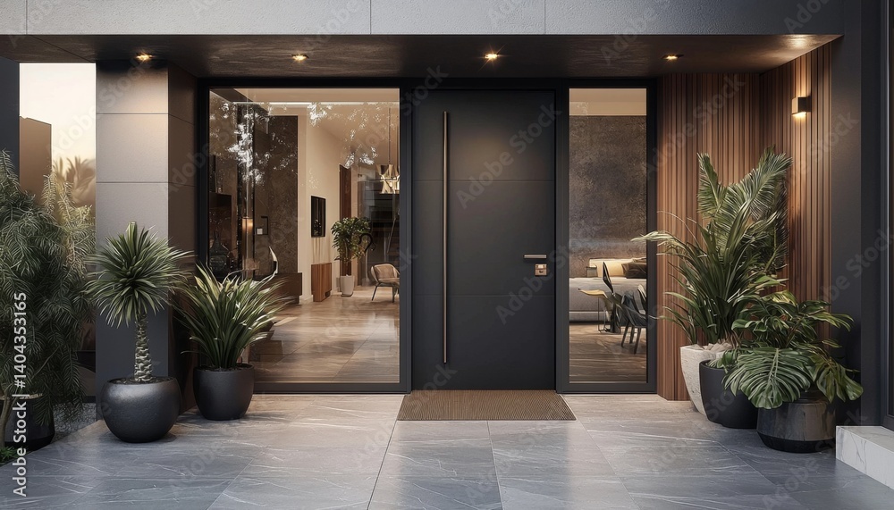 The minimalist design of this black door adds sophistication to contemporary homes. The minimalist design of this black door adds sophistication to contemporary homes.