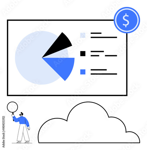 Pie chart and data list on large screen with financial icon, person holding magnifying lens near cloud. Ideal for data analysis, business, finance, cloud storage, market research, reporting