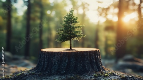 New Beginning: A young tree sprouts from a tree stump, symbolizing growth, renewal, and the enduring power of nature. photo