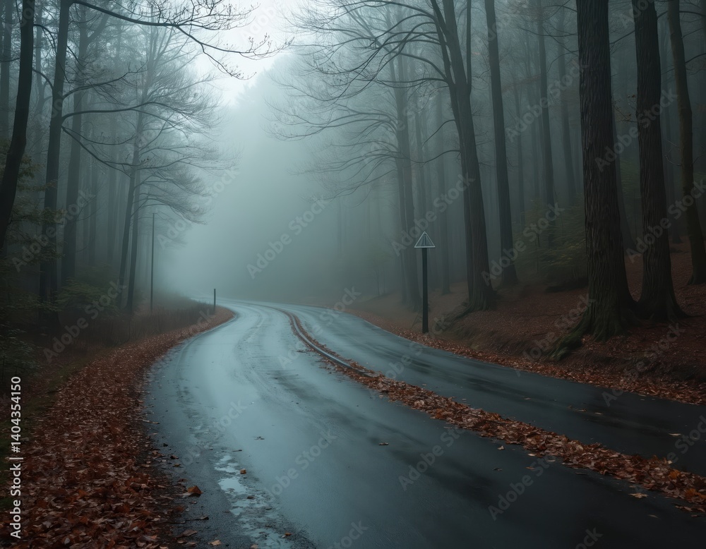 Fototapeta premium Winding road in misty forest. Autumnal scene with wet asphalt, fallen leaves. Trees create moody atmosphere. Rainy weather adds drama. Perfect for travel, nature, fall season projects.