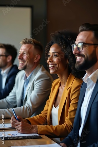Multiethnic team of business executives smiling brightly at a presentation, positive, collaboration