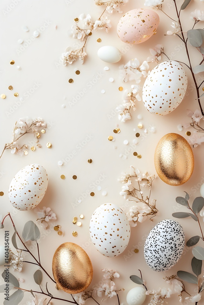 Obraz premium Easter eggs and wicker basket on green background, symbolizing cheerful springtime celebration and traditional holiday decoration 