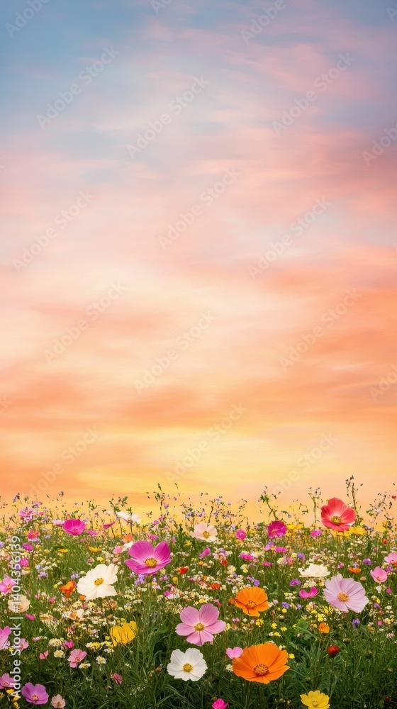 Obraz premium Colorful wildflowers bloom beneath a sunset sky.