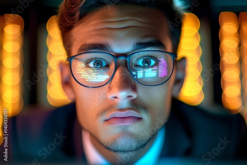 Nerd mixed-race young man in a power suit, analytics reflections in his glasses. Tech geek coding. Game developer looks very focused at the screen in dark it infrastructure. Creative of it. photo