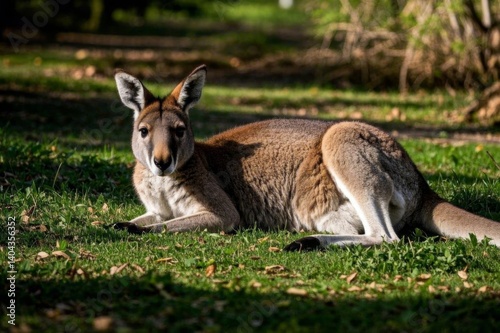 there is a kangaroo that is laying down in the grass