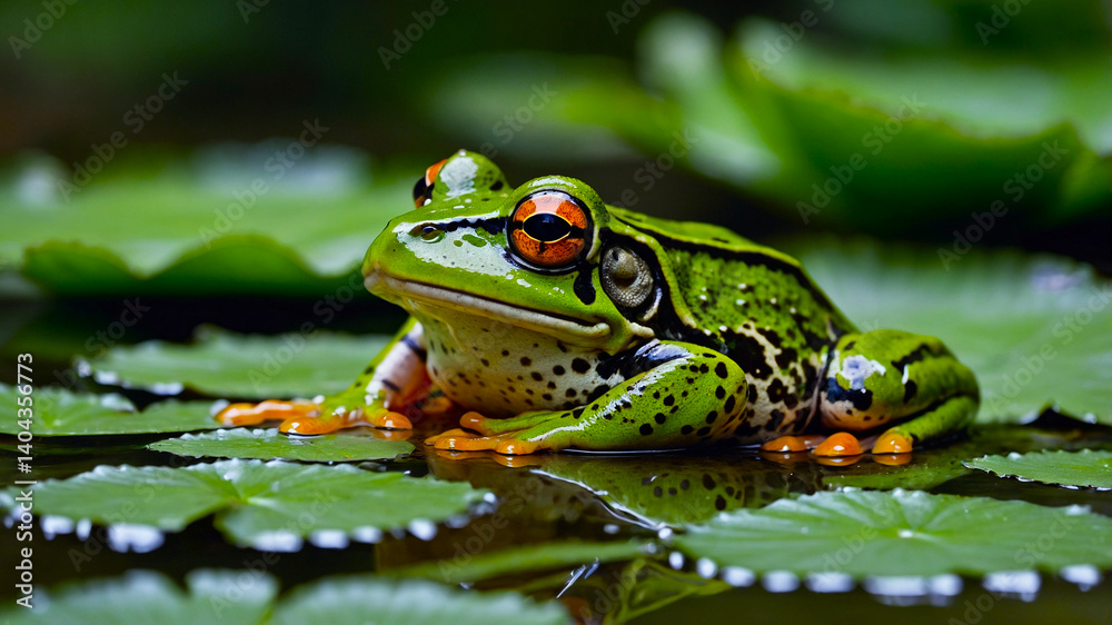 Green pond frog reflection water lily surface. Green frog Pelophylax lessonae sitting on a water lily with reflection amphibian of small pond and pools can make quite some noise during mating time in. Green pond frog reflection water lily surface. Green frog Pelophylax lessonae sitting on a water lily with reflection amphibian of small pond and pools can make quite some noise during mating time in.
