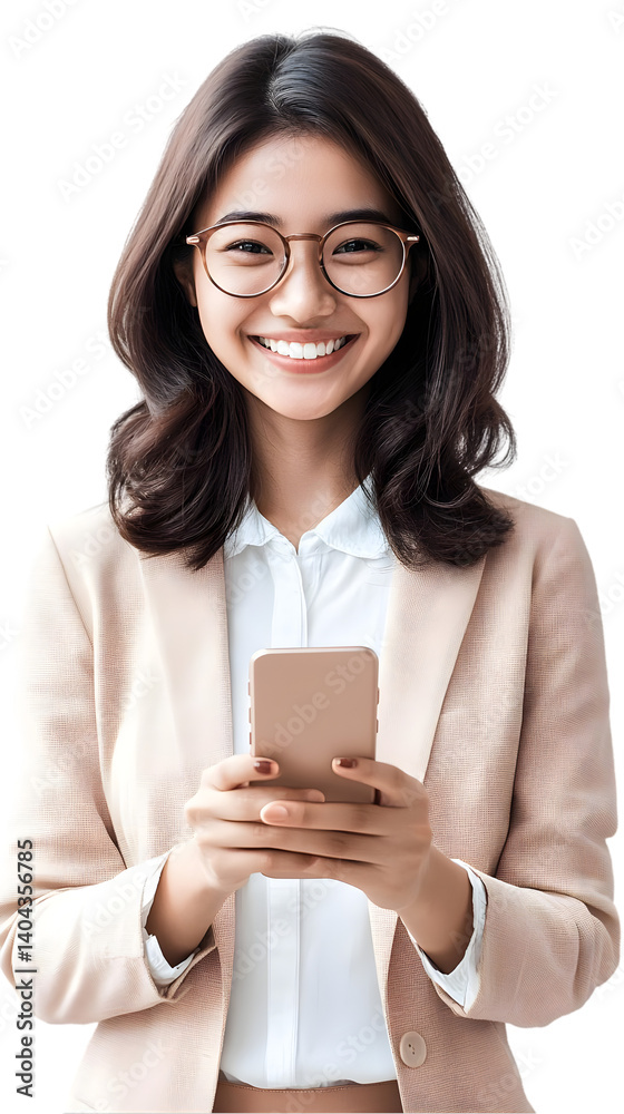 Photo Of Smiling Young Woman In Beige Blazer Holding Smartphone Photo Of Smiling Young Woman In Beige Blazer Holding Smartphone