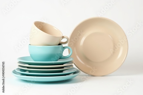 Neatly stacked empty dishes and cups on a white background, cups, isolated