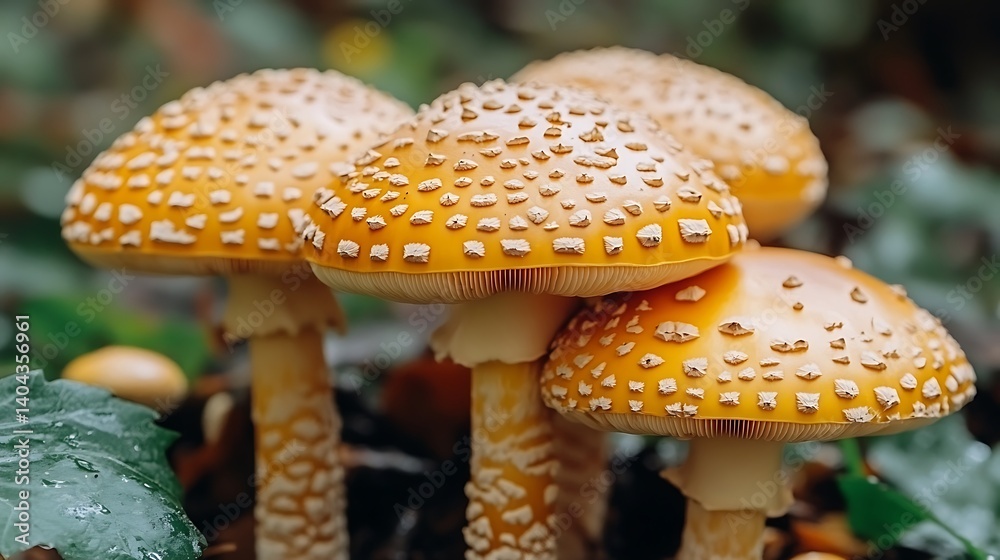 Obraz premium Cluster of orange-brown mushrooms with speckled caps growing among green foliage in a forest environment