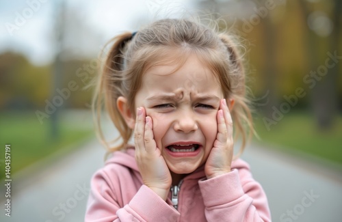 Little girl with scared, sad face holding cheek. Toothache, dental pain, swollen cheek, ear pain, pediatric dentistry problems. Medical care, healthcare, dental care, children health.