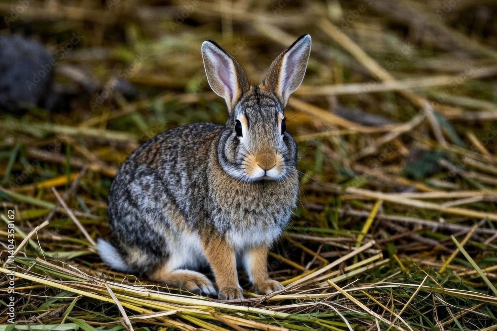 Fototapeta premium there is a small rabbit sitting on the ground in the grass