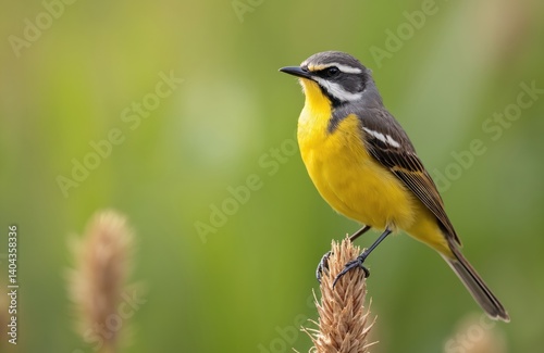Western yellow wagtail bird perched on stem of dry plant. Bright yellow breast, black beak, grey and white head. Nature photography of a Motacilla flava bird on blurred green background.