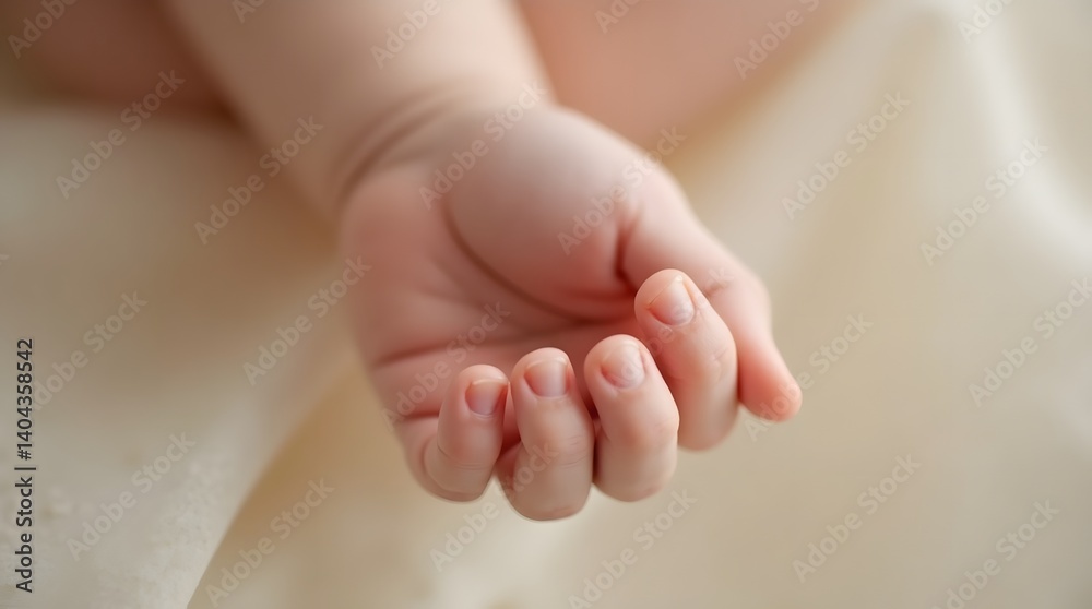 Baby hand close-up on soft fabric. Gentle touch, innocence. Ideal for newborn, family, care themes. Baby hand close-up on soft fabric. Gentle touch, innocence. Ideal for newborn, family, care themes.