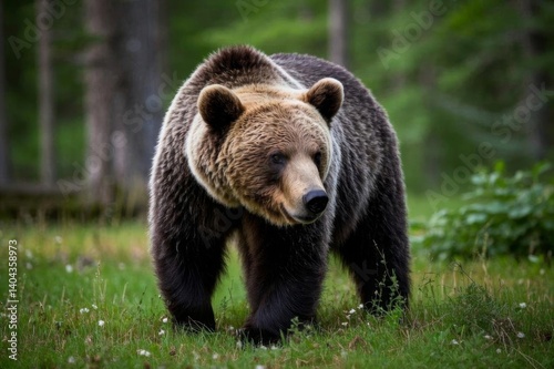 there is a brown bear walking in the grass in the woods