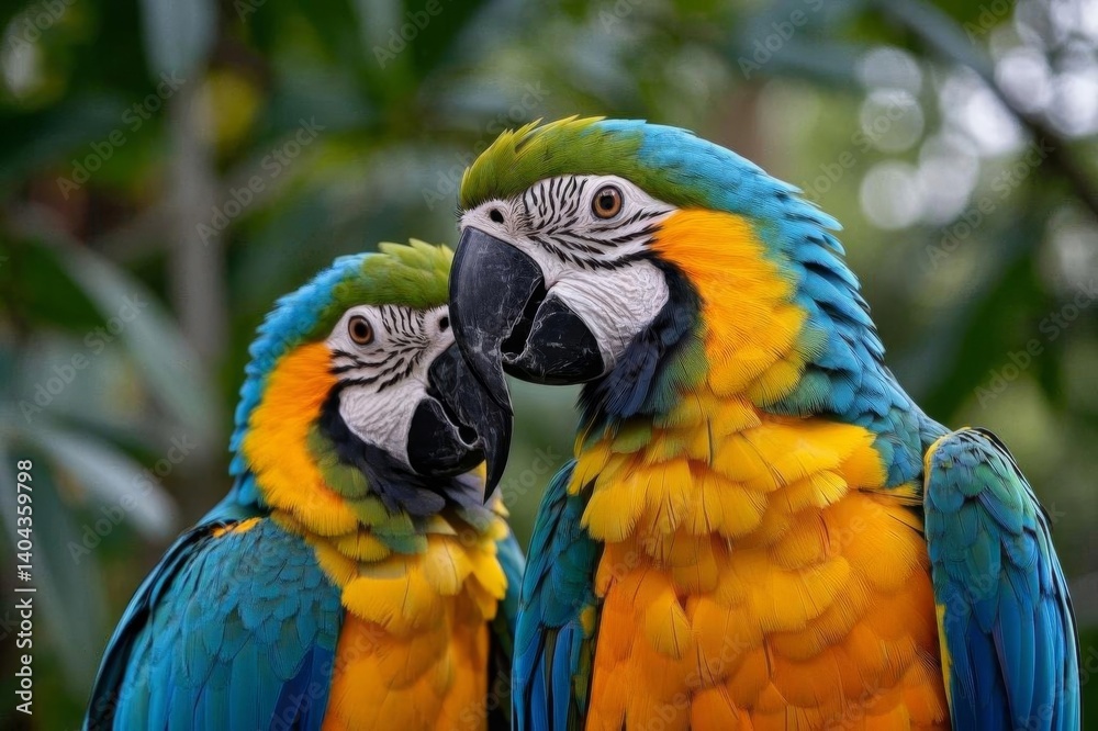 two colorful parrots are standing close together in a zoo two colorful parrots are standing close together in a zoo