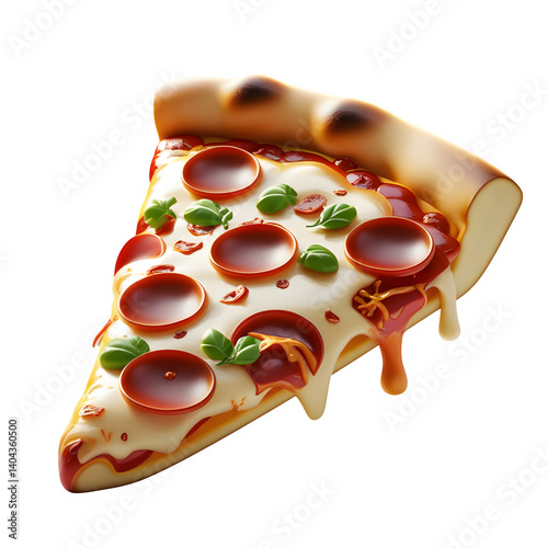3D cartoon showing a slice of pepperoni pizza with melted cheese and toppings,cheese,delicious,meat