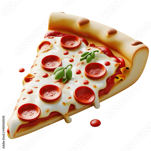 3D cartoon showing a slice of pepperoni pizza with melted cheese and toppings,cheese,delicious,pizza,