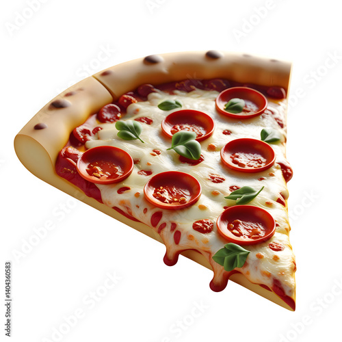 3D cartoon showing a slice of pepperoni pizza with melted cheese and toppings,cheese,delicious