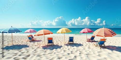 Collection of striped beach umbrellas on sandy shore, tranquil, leisure