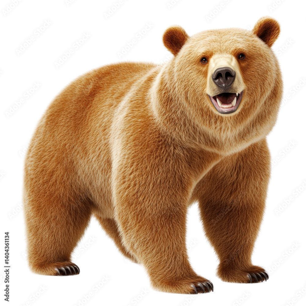Fototapeta premium Majestic brown bear roaming freely in its natural habitat surrounded by lush green forest and scenic landscape isolated on a white background.