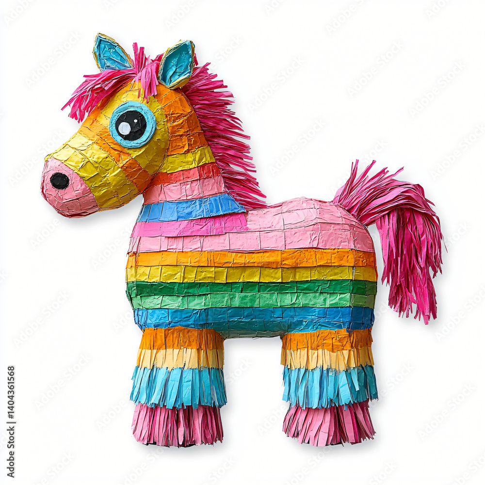 Obraz premium Festive rainbow horse piñata for Cinco de Mayo, Mexican fiestas & birthday celebrations. Cheerful, vibrant design element on white. Perfect for party invites!